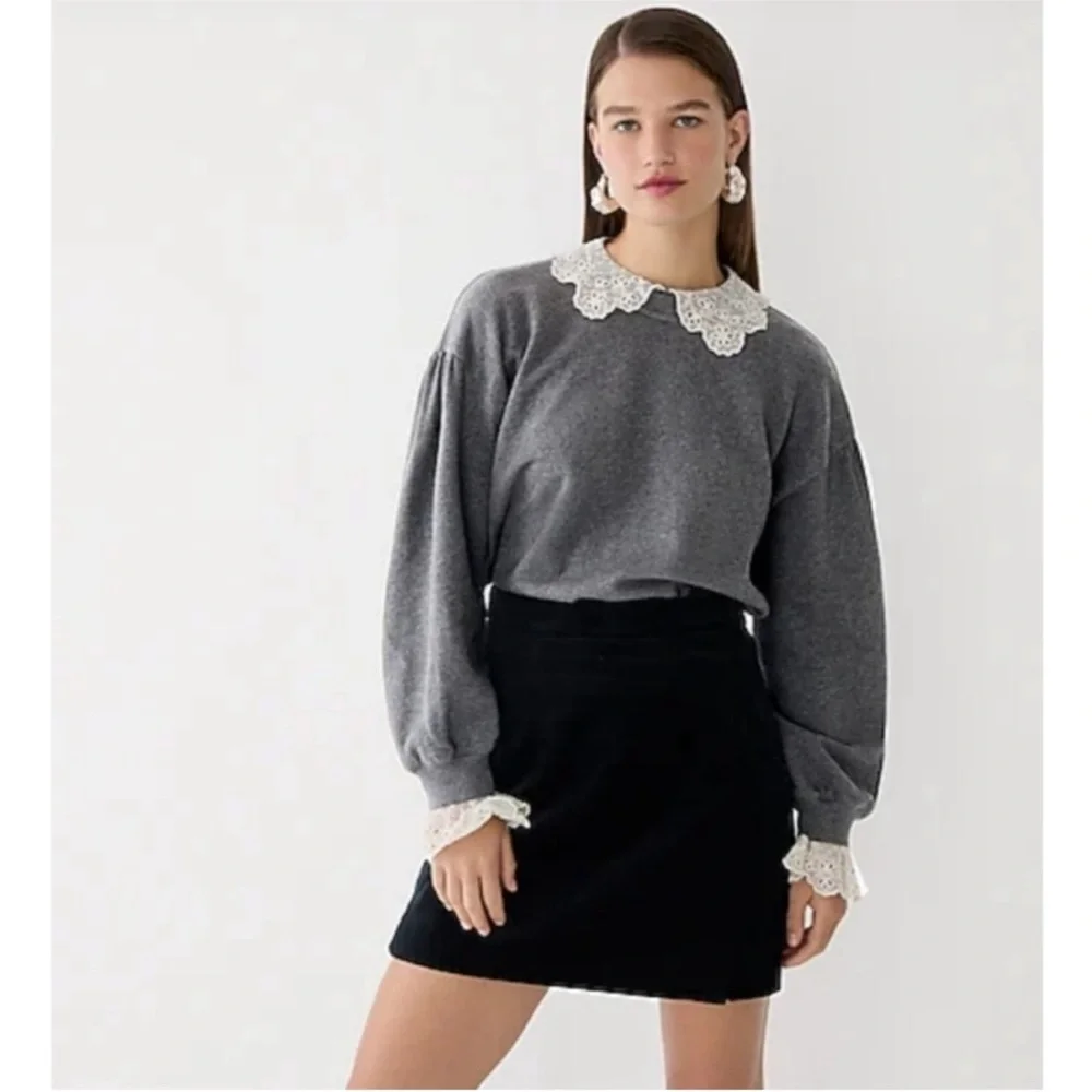 J. Crew Gray Pullover Crewneck Sweatshirt with Crochet Lace Collar and Cuffs